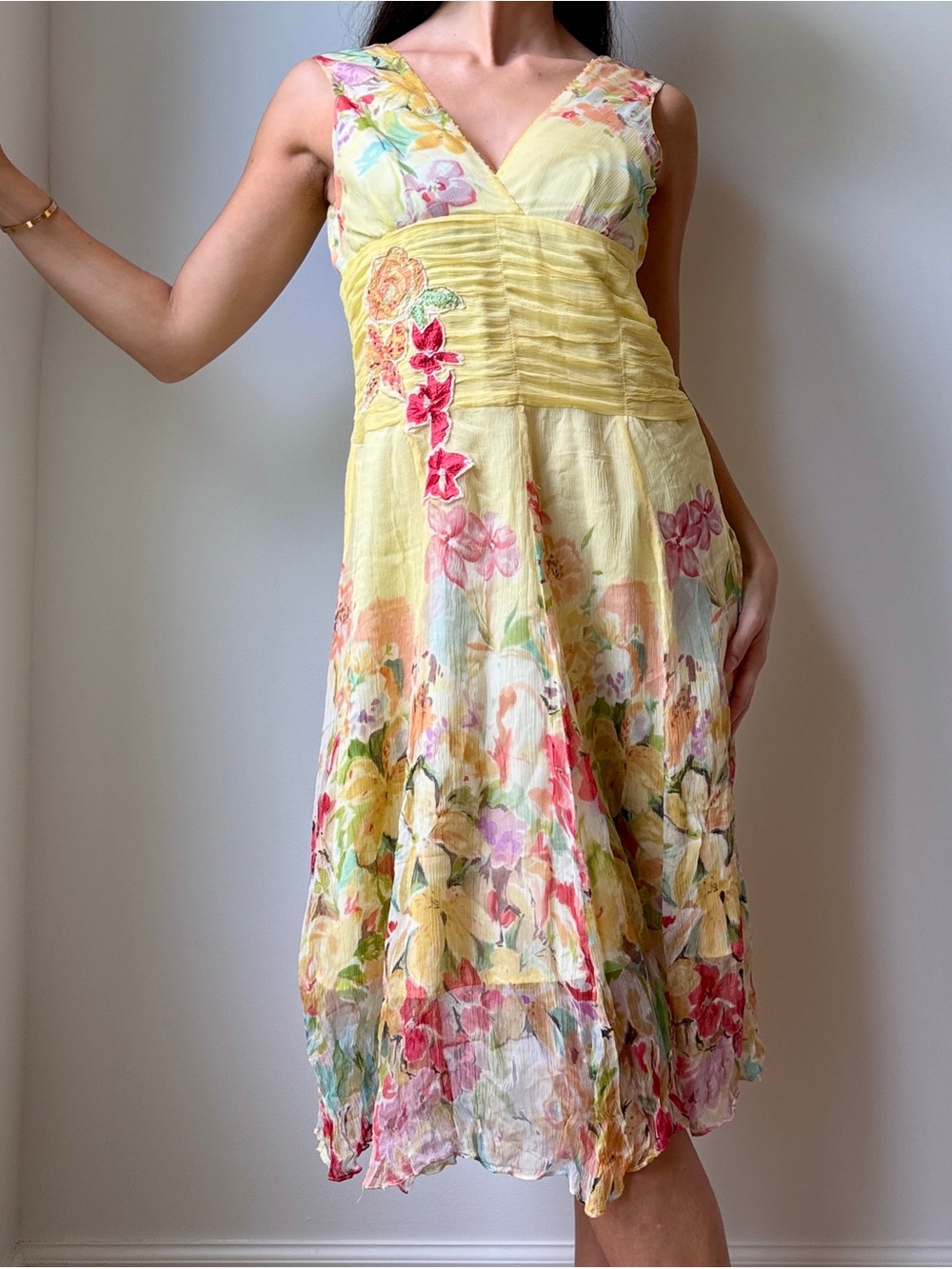 René Derhy Y2K Floral Garden Dress Yellow Watercolor Botanical Embroidered L